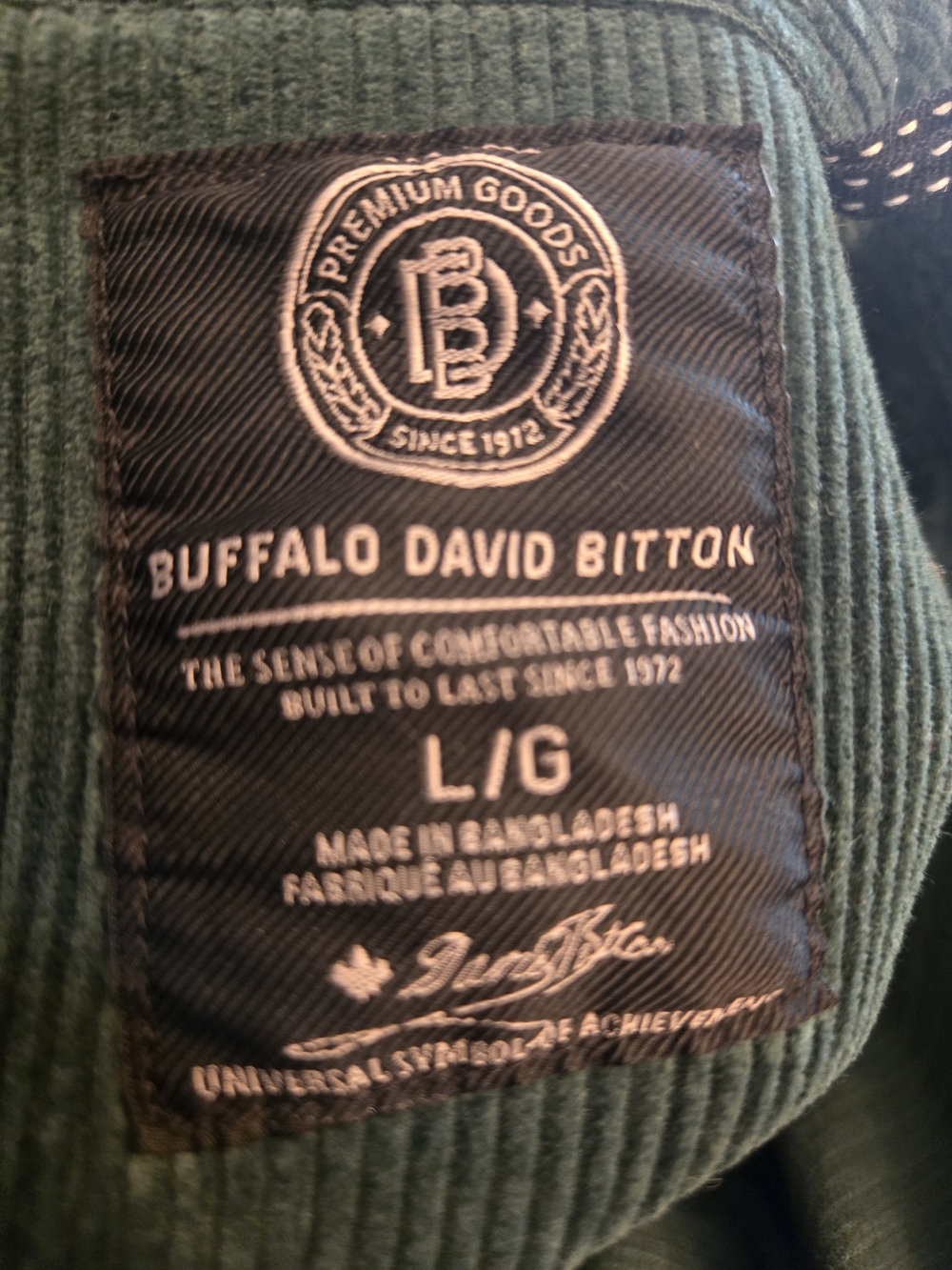 Buffalo David Bitton Dark Green Corduroy Jacket Label Close-Up